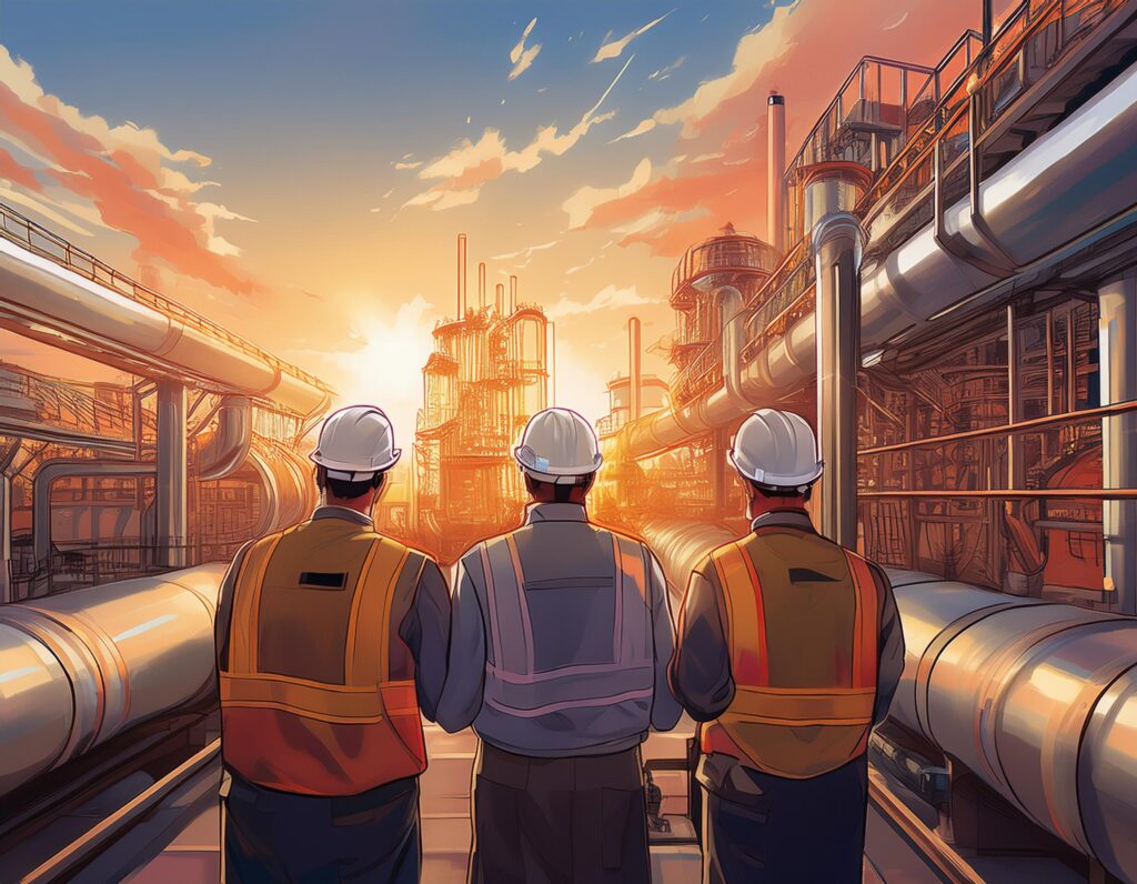 PROCESS INDUSTRY PLANT, ENGINEERS STANDING IN FRONT OF A HUGE NEW SILVER HEAT EXCHANGER, ENGINEERS C-1